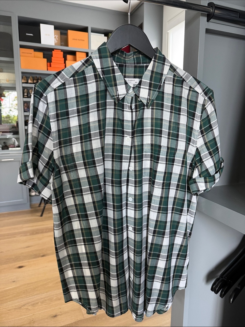 Women’s Equipment Green and White Plaid Short-Sleeve Button-Down Shirt